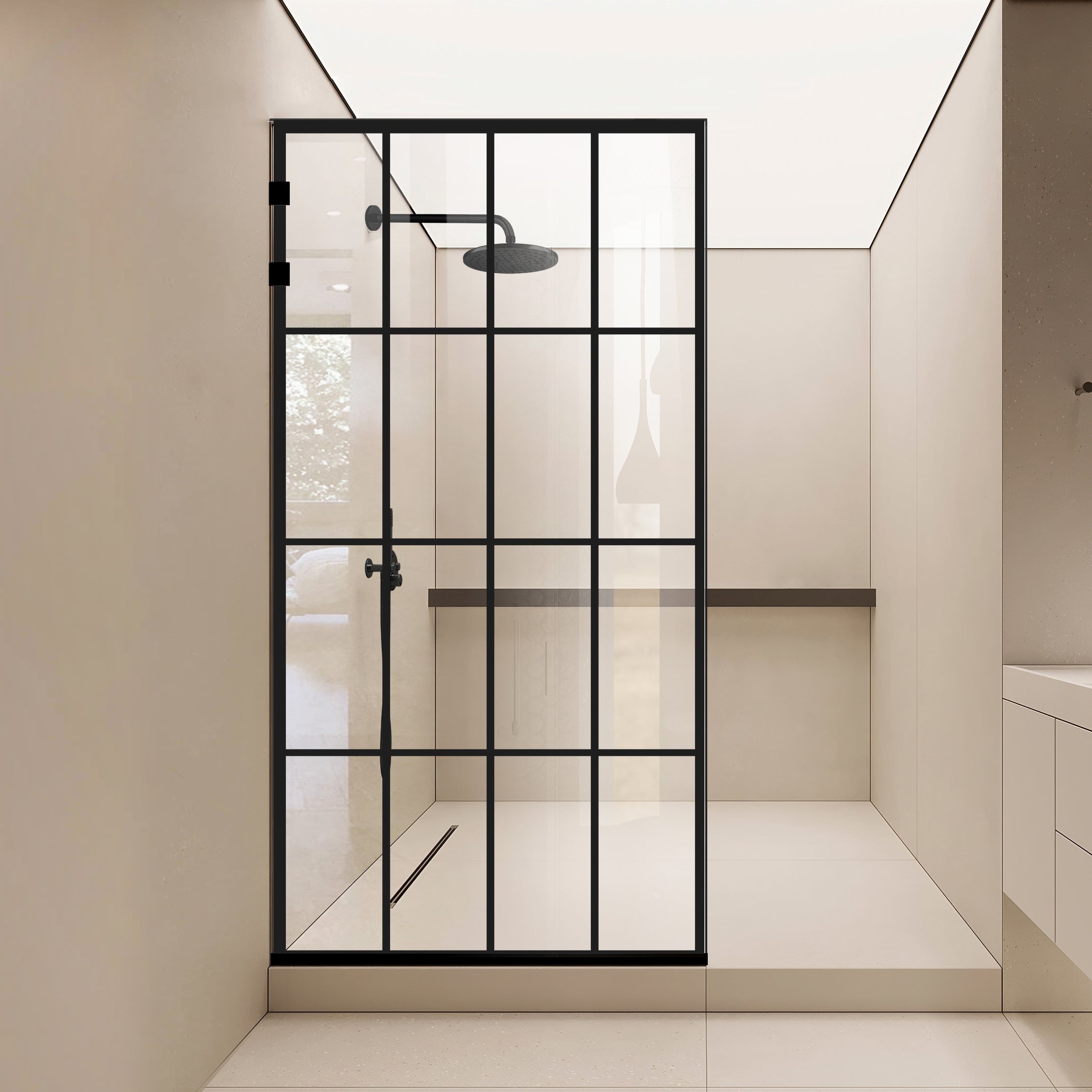 Zuhanyfal Walk-in, Rozsdamentes acél zuhanyfal, matt fekete, #Átlátszó #Víztiszta