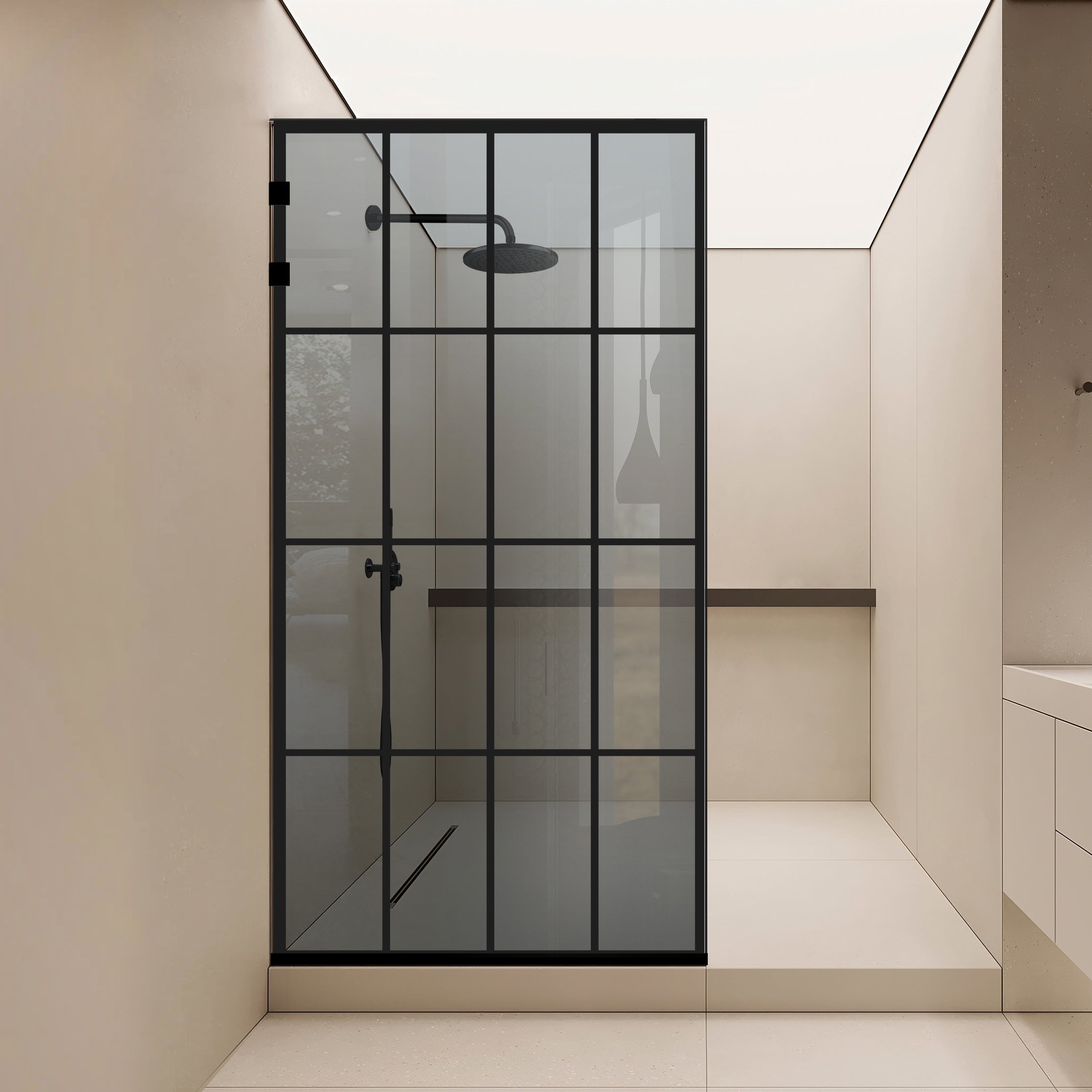 Zuhanyfal Walk-in, Rozsdamentes acél zuhanyfal, matt fekete #Szürke