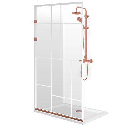 Aqua Elegance® Copper walk-in zuhanyparaván, Urban színtelen modell, teljes réz színű rozsdamentes acél szerelvényekkel, átlátszó, edzett üveg
