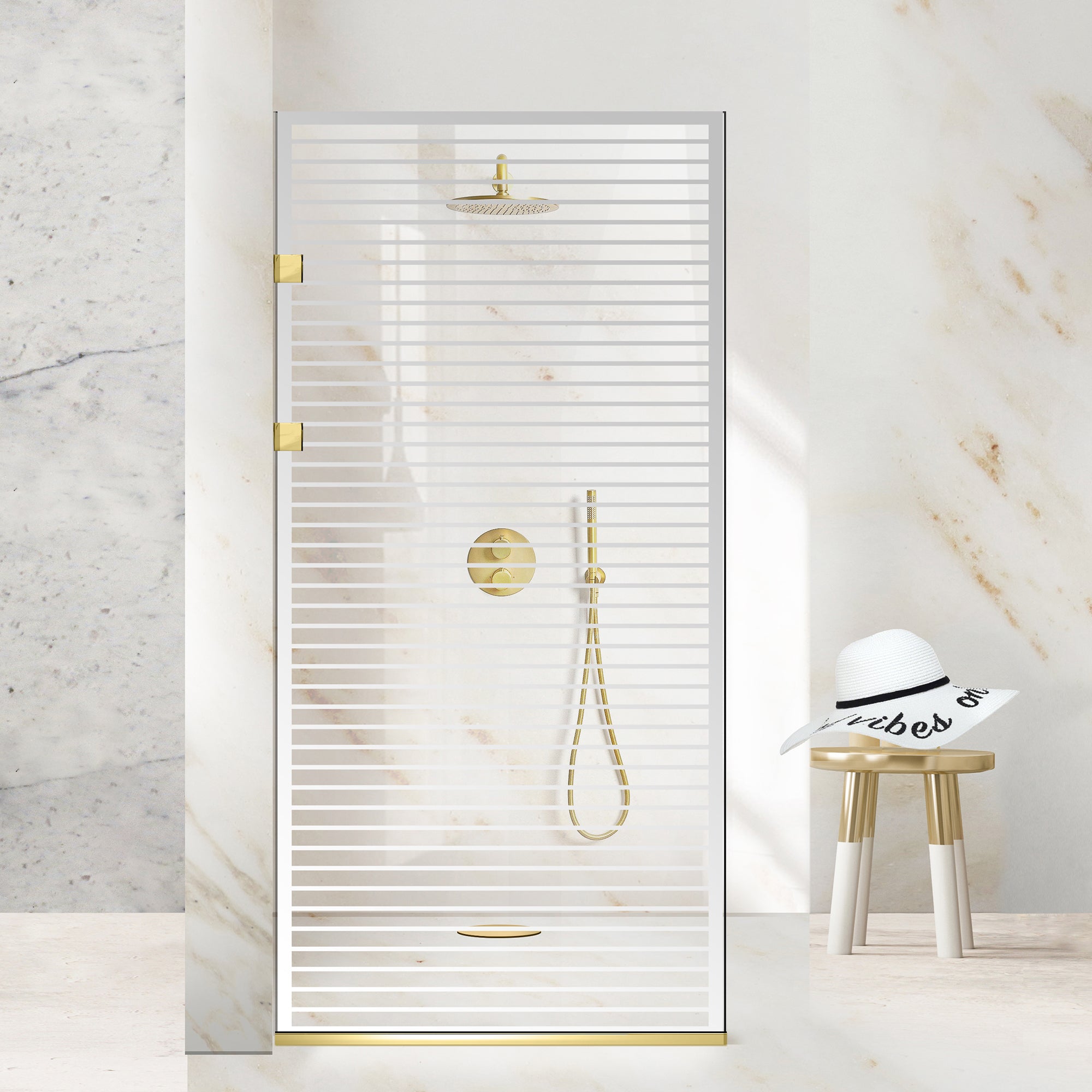 Zuhanyfal Walk-in, Rozsdamentes acél zuhanyfal, aranyszínű, #Átlátszó #Víztiszta