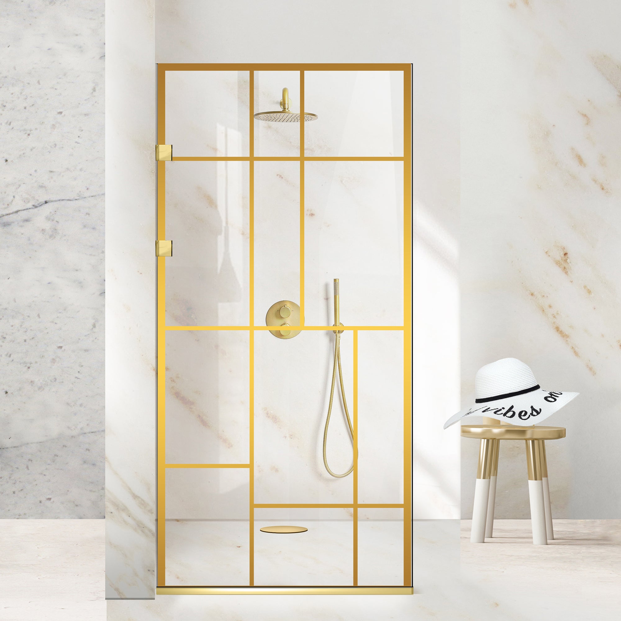 Zuhanyfal Walk-in, Rozsdamentes acél zuhanyfal, aranyszínű, #Átlátszó #Víztiszta